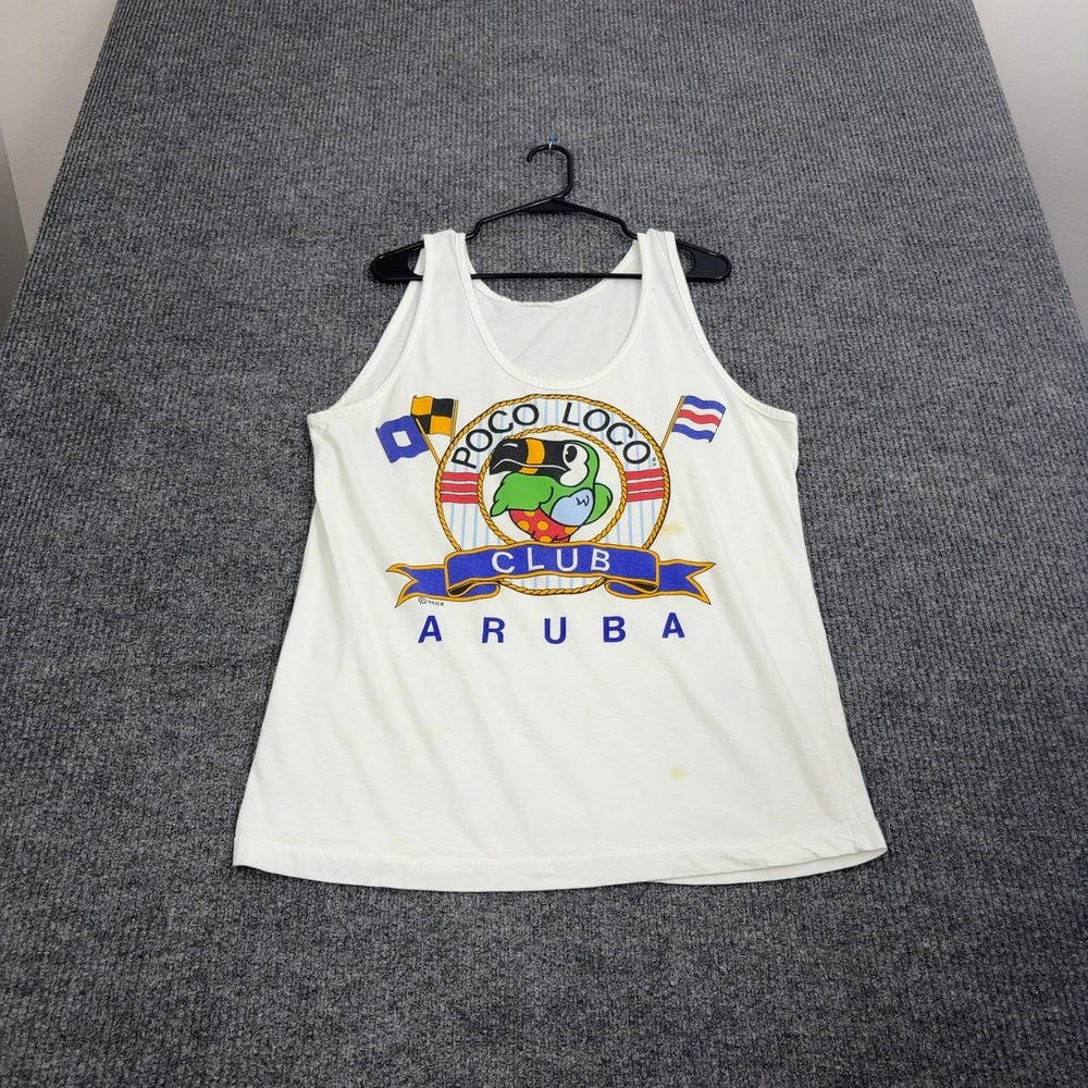 Vintage Poco Loco Club Tank Top Mens L White Cotton Graphic Aruba Souvenir Style